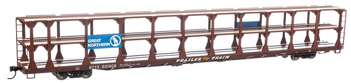 Walthers Mainline 8210 - HO 89Ft Flatcar w/Tri-Level Open Auto Rack - Great Northern Rack/ Trailer-Train Flatcar RTTX #501909