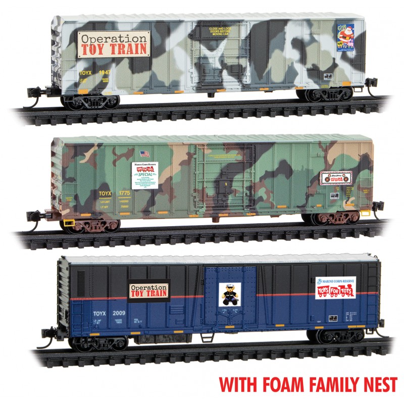 Micro Trains 99302233 - N Scale 2-50Ft Boxcars & 51Ft Mechanical Reefer - Foam Nest - Toys for Tots (2 Camo, 1 Blue/Black)