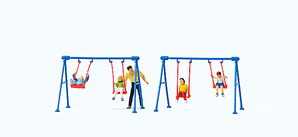 Preiser 10630 - HO Children on Playground Swings - 4 Children, Father, 2 Swing Sets
