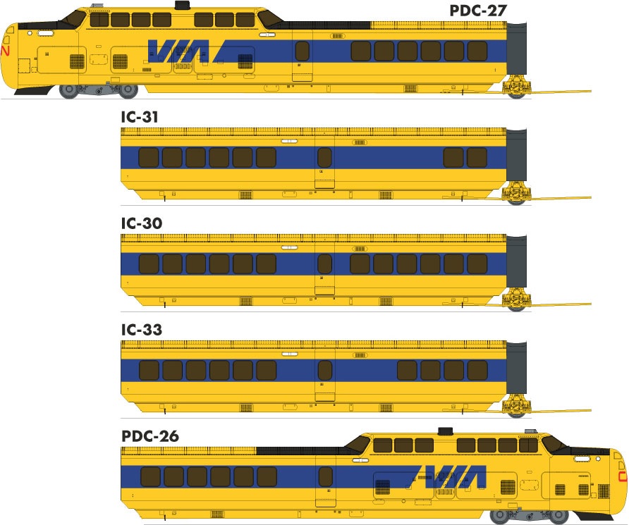 Rapido Trains 203508 (Otter Valley Exclusive!!) HO UAC TurboTrain (DC/DCC/Sound): VIA-CN - 5 Car Set