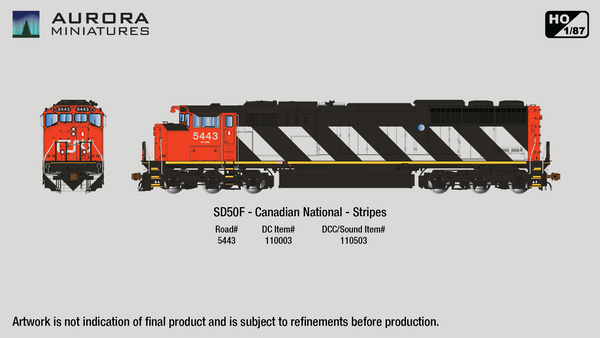 Aurora Miniatures Inc 110003 HO - GMD SD50F Diesel - DC/Silent - Canadian National - (Stripes) - #5443