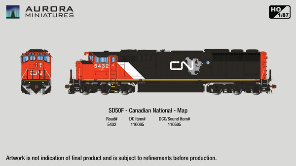 Aurora Miniatures Inc 110005 HO - GMD SD50F Diesel - DC/Silent - Canadian National - (Map) - #5432