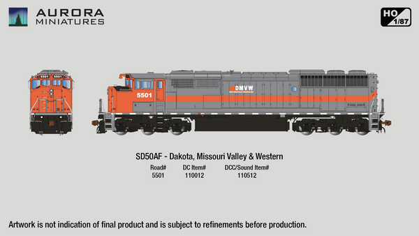 Aurora Miniatures Inc 110012 HO - GMD SD50AF Dakota Missouri Valley & Western - Diesel - DC/Silent  - #5501