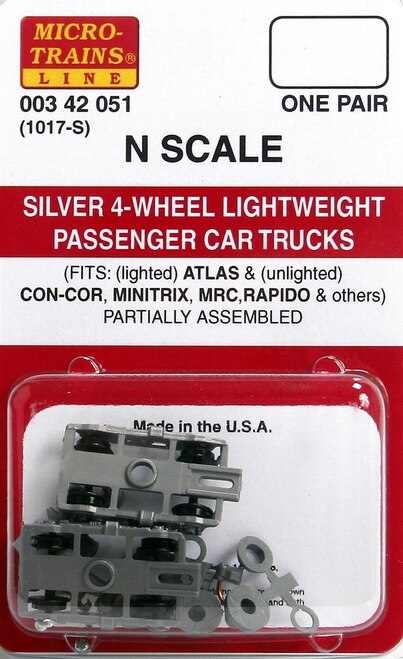 Micro Trains Line 342051 - N Scale Silver 4-Wheel Passenger Car Trucks - Standard w/Adjustable Couplers (1 pair)