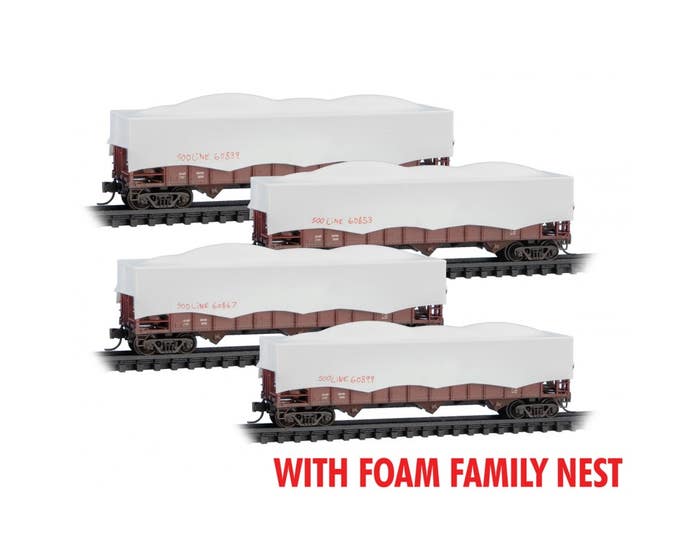 Micro Trains 98302239A - N Scale 100-Ton 3-Bay Ribside Open Hopper w/Tarps 4-Pack - (FOAM) - SOO Line