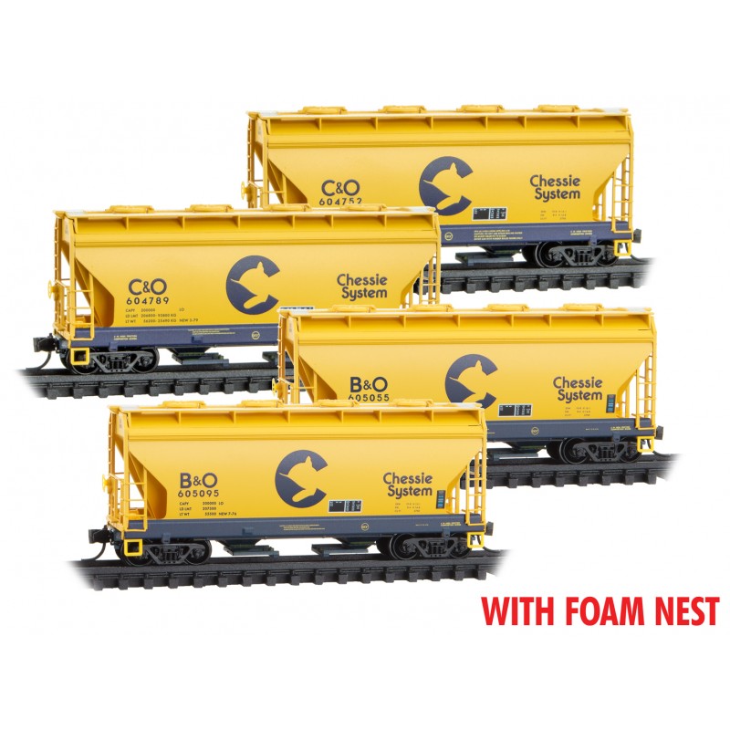 MicroTrains 993 00 213 - N Scale 100-Ton 2-Bay Covered Hoppers - Chessie System (4pk), with Foam Nest