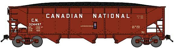 Bluford Shops 74030- N 70-Ton Offset-Side 3-Bay Covered Hopper - Canadian National #324497 (Boxcar Red, 12" Billboard Lettering)