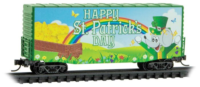Micro Trains 10100895 - N Scale Modified Pullman-Standard 40' Hy-Cube Boxcar Micro-Mouse St. Patrick's Day