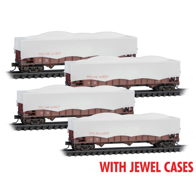Micro Trains 98302239 - N Scale 100-Ton 3-Bay Ribside Open Hopper w/Tarps 4-Pack - (Jewel Cases) - SOO Line 