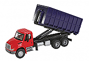 Walthers SceneMaster - International 4300 3 Axle Dumpster Carrier Truck Red Cab, Blue Dumpster