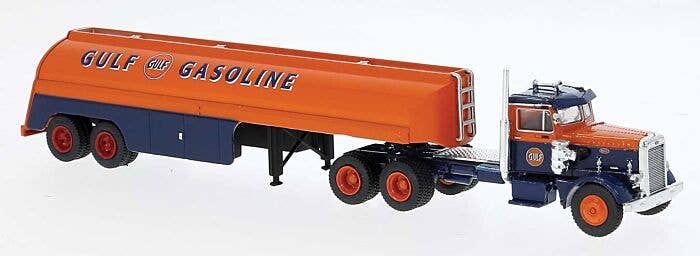 Brekina 85763 - HO 1955 Peterbilt 281 Semi Tractor with Tank Trailer - Assembled -- Gulf (orange,...
