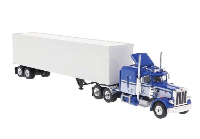 Brekina 85716 - HO 1973 Peterbilt 359 Sleeper Cab Tractor w/Van Trailer - Assembled -- White, Blu...