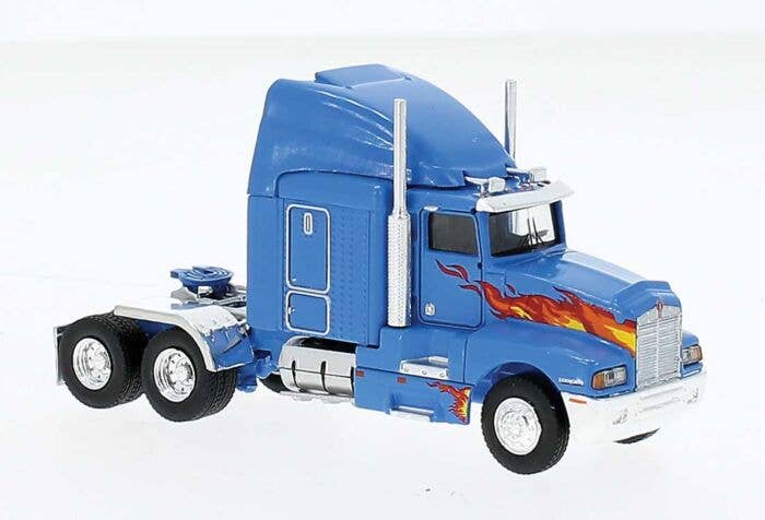 Brekina 85928 - HO 1984 Kenworth T600 Sleeper-Cab Tractor Only - Assembled -- Blue, Orange Flames