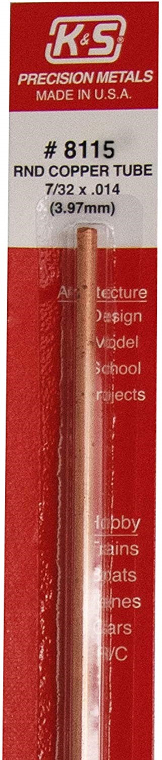 K&S Engineering 8115 All Scale - 7/32 inch OD Round Copper Tube 0.014inch Thick x 12inch Long
