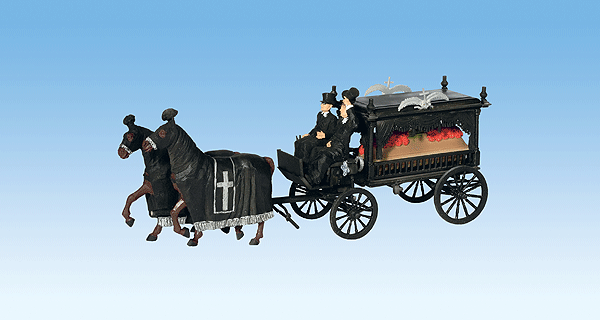 Noch 16714 HO Scale Horse-Drawn Wagon -- Hearse w/Driver & Coachman, 2-Horse Team w/Trappings