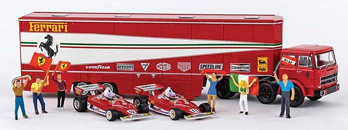 Brekina 58575 - HO Fiat Semi Tractor w/Racing Trailer, 2 Ferrari 312T2 & 6 Figures - Assembled --...