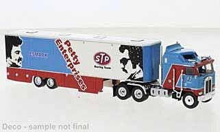 Brekina 85736 - HO Kenworth K100 Aerodyne Sleeper-Cab Semi Tractor w/Racing Trailer - Assembled -...