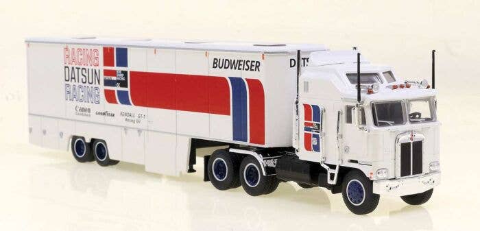 Brekina 85740 - HO Kenworth K100 Tractor w/Racing Trailer - Assembled -- Datsun Racing (white, re...