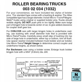 Micro Trains 003 32 034 - N Roller Bearing Trucks w/ Long Ext. Couplers 1Pair