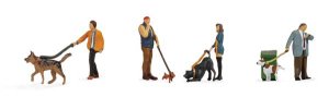 Walthers SceneMaster HO 6082 People with Dogs -- 4 of Each with 1 Garbage Can
