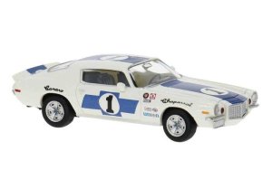 Brekina 19921 - HO Scale 1966 Chevrolet Camaro - Assembled -- Chapparral #1 (white, blue)