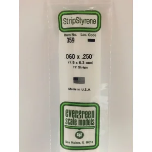 Evergreen 359 - Opaque White Styrene Strips .060" Thick, 24" Long -- .250" Wide pkg(12)