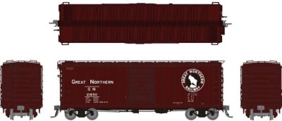 Rapido 155001-5 - HO 40Ft Boxcar w/ Early Improved Dreadnaught Ends - Great Northern (Mineral Red...
