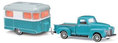Busch 48243 - HO Scale 1950 Chevrolet Pickup Truck with Nagetusch Camper Trailer - Assembled -- T...