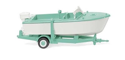Wiking 9503 - HO 1961-1965 Motor Boat on Trailer - Assembled -- White, Mint Green