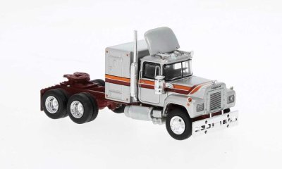 Brekina 85806 - HO 1970 Mack RS 700 Sleeper-Cab Semi Tractor - Assembled - Silver, Red, Orange