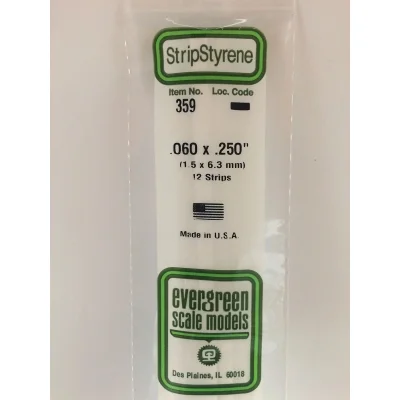 Evergreen 359 - Opaque White Styrene Strips .060" Thick, 24" Long -- .250" Wide pkg(12)
