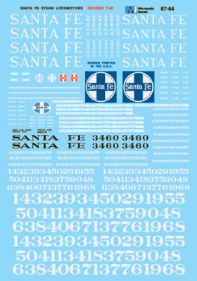 Microscale 8764 - HO Waterslide Decals - Santa Fe Steam Locomotives - Silver Lettering