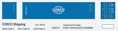 Aurora Miniatures HCBCST1 - HO 40Ft Hi-Cube Dry Containers - COSCO Shipping (3pk)