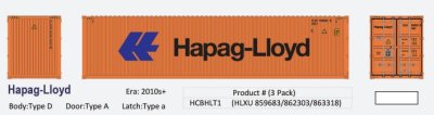 Aurora Miniatures HCBHLT1 - HO 40Ft Hi-Cube Dry Containers - Hapag-Lloyd (Big Logo) (3pk)