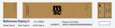 Aurora Miniatures HCBMDT1 - HO 40Ft Hi-Cube Dry Containers - Mediterranean Shipping Co (MSC Yello...