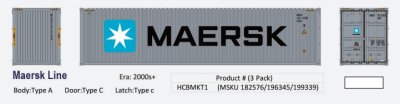 Aurora Miniatures HCBMKT1 - HO 40Ft Hi-Cube Dry Containers - Maersk Line (Big Logo) (3pk) Set #1
