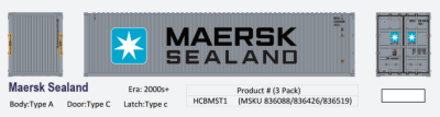 Aurora Miniatures HCBMST1 - HO 40Ft Hi-Cube Dry Containers - Maersk Sealand (3pk) Set #1